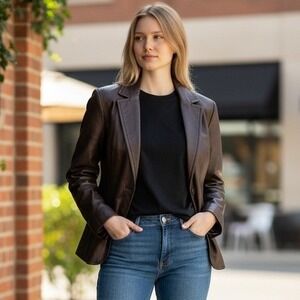 Casual Corner Womens Brown Genuine Leather Blazer Jacket Two Button Size L